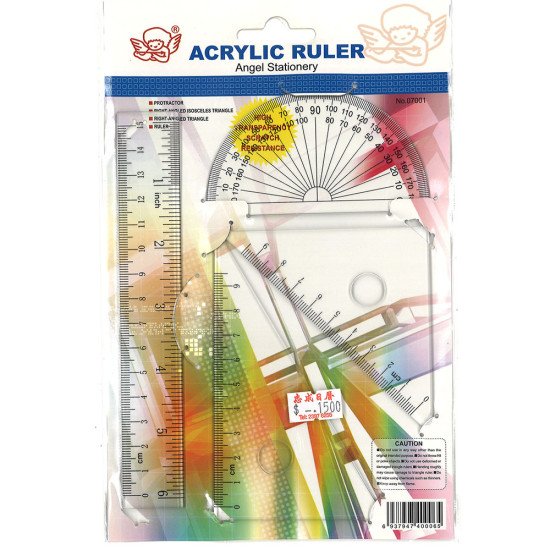 ANGEL No.0701 Acrylic Ruler Set (15cm ruler + 180° protractor + 30°, 45° triangle ruler each) image